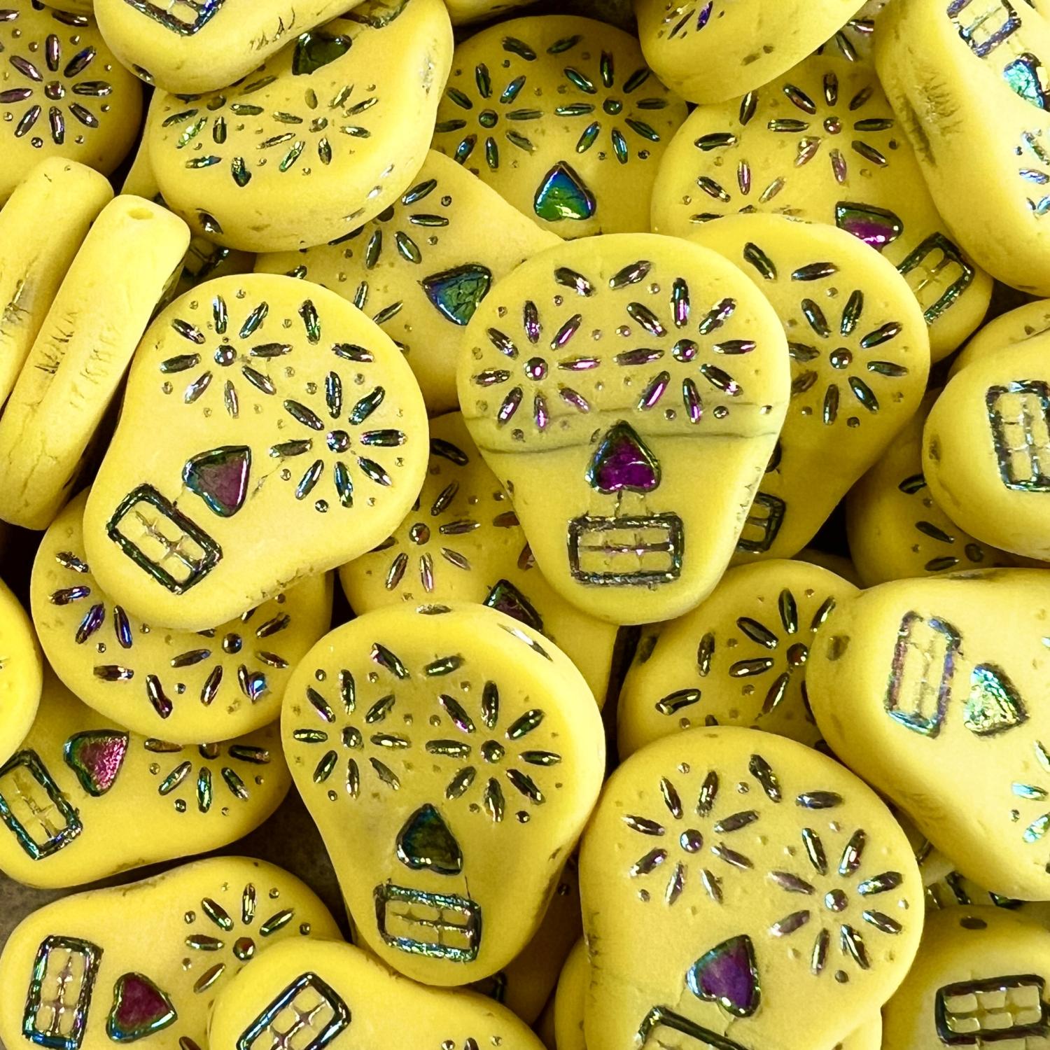 Matte Yellow Vtrail 19x16MM Sugar Skull Bead