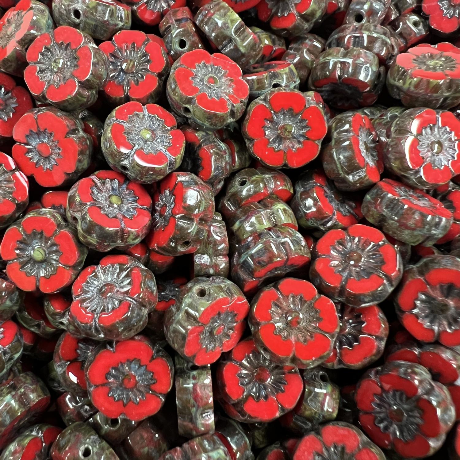 Red With Picasso 9MM Table Cut Flower Bead
