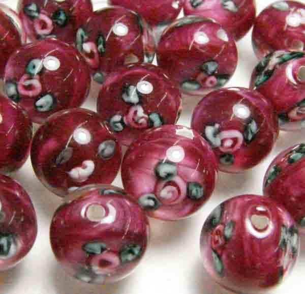10MM Dark Rose With Pink Floating Rose Handmade Lampwork Ball