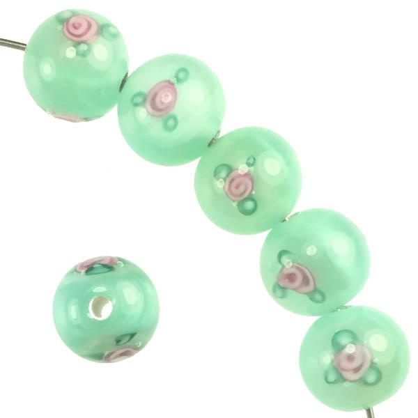 10MM Mint Green With Pink Floating Rose Handmade Lampwork Ball