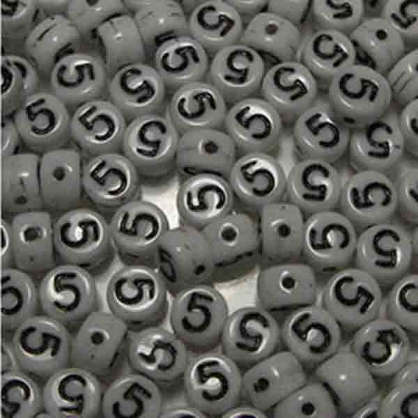 5 White With Black 6x4MM Number Bead