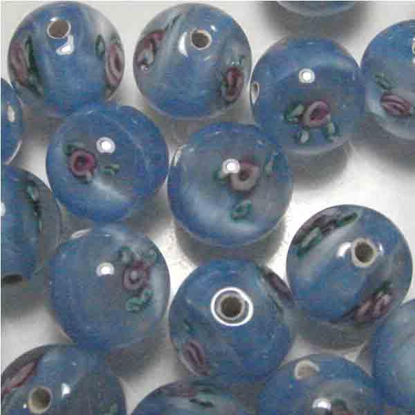 6MM Blue With Pink Floating Rose Handmade Lampwork Ball