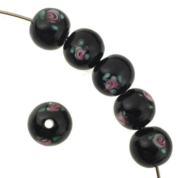 6MM Jet With Pink Floating Rose Handmade Lamwork Ball