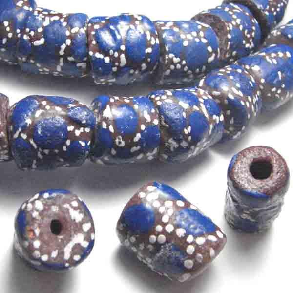 Brown with Royal and White Dots 16X12MM Cylinder African Trade Bead