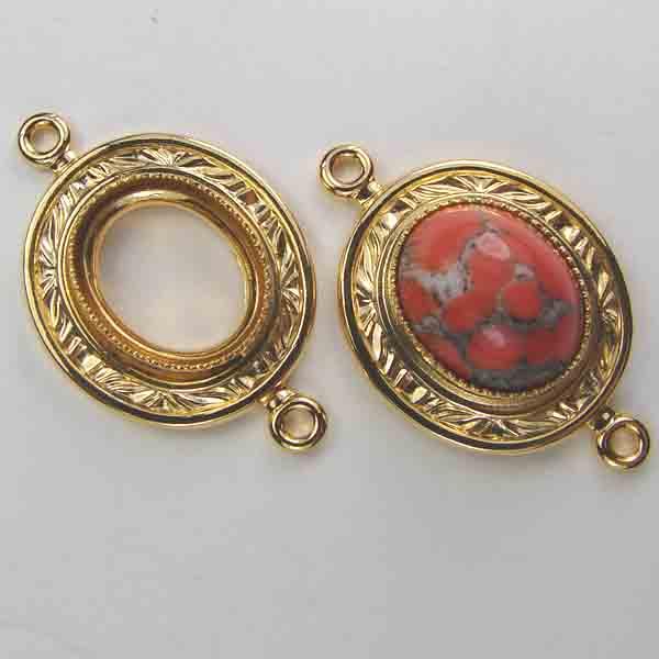 Gold Plate 10X8MM Cabochon Textured Rim Connector Setting