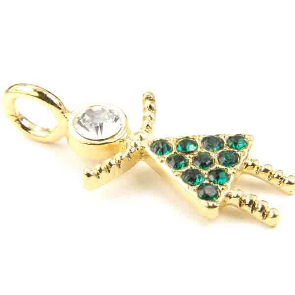 Gold Plate Stick Doll With Emerald Rhinestones 30X13MM