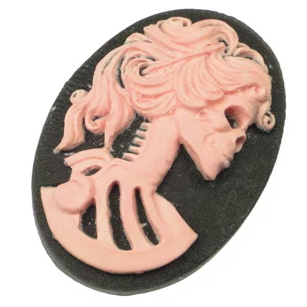 Jet Black with Pink 25x18MM Lady Skeleton Cameo