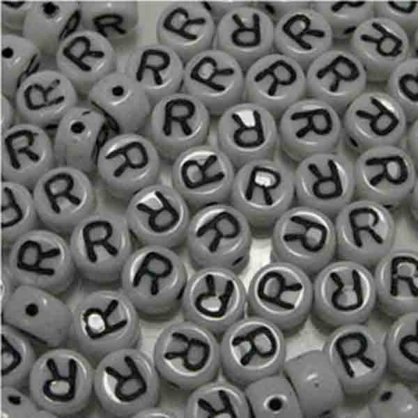 R White With Black 6x4MM Letter Alphabet Bead