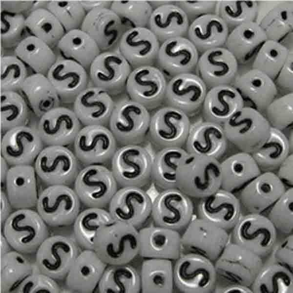 S White With Black 6x4MM Letter Alphabet Bead