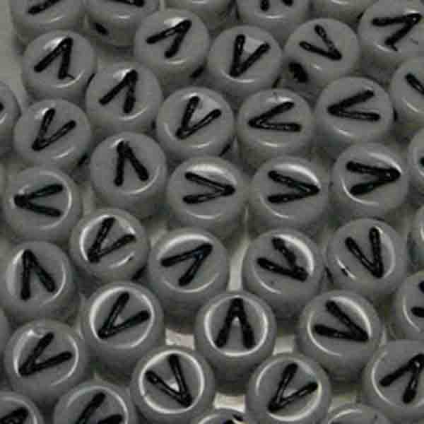 V White With Black 6x4MM Letter Alphabet Bead