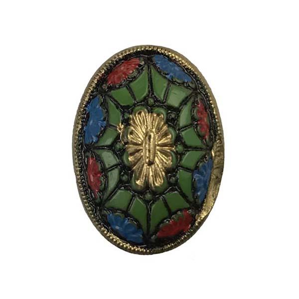 Vintage 14X10MM Green Cabochon With Red, Blue and Gold Detial