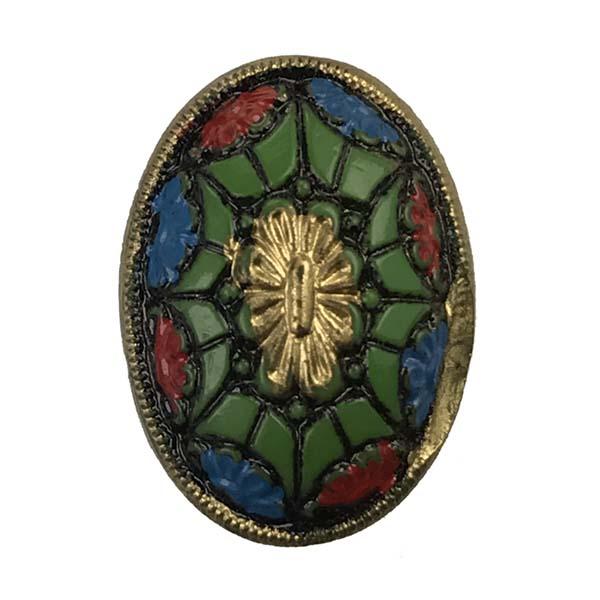 Vintage 18x13MM Green Cabochon With Red, Blue and Gold Detial