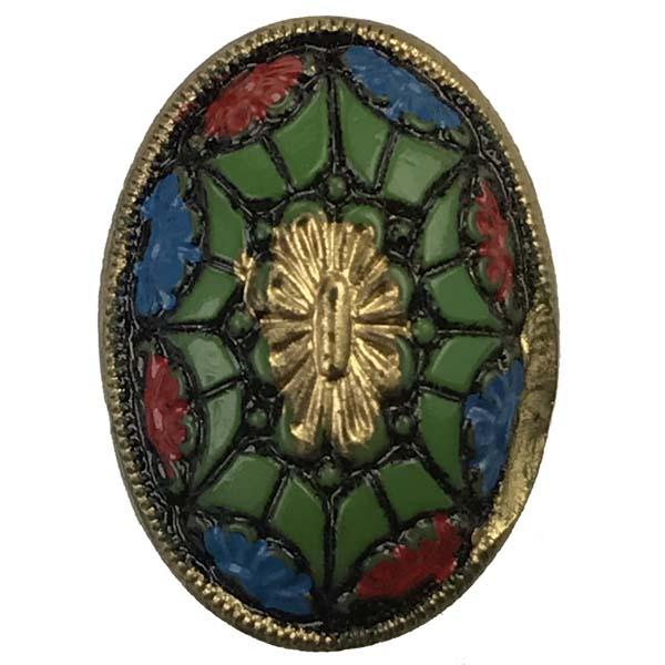 Vintage 25x18MM Green Cabochon With Red, Blue and Gold Detial