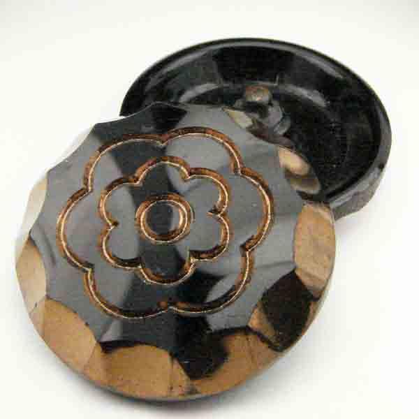 Vintage 27MM Jet Glass Button with Copper Rose