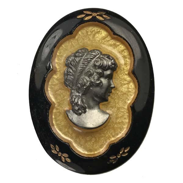 Vintage 40X30MM Hematite Cameo On Gold With Jet
