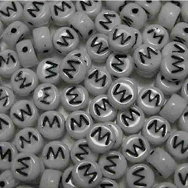 W White With Black 6x4MM Letter Alphabet Bead
