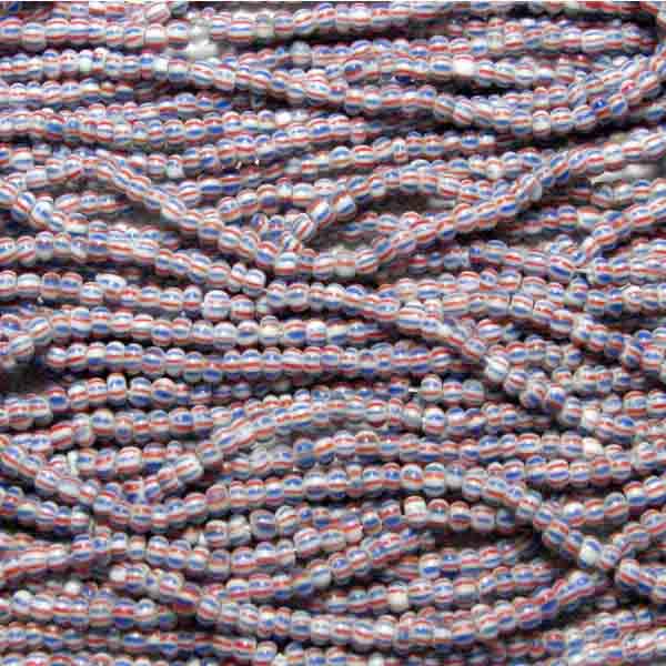 White With Red and Blue Stripes 12/0 Seed Bead